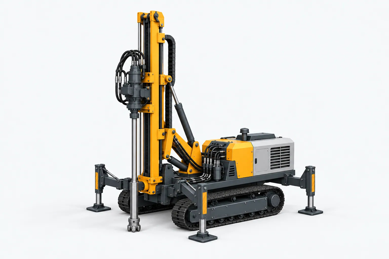 Engineering illustration of a crawler drilling rig, wide composition