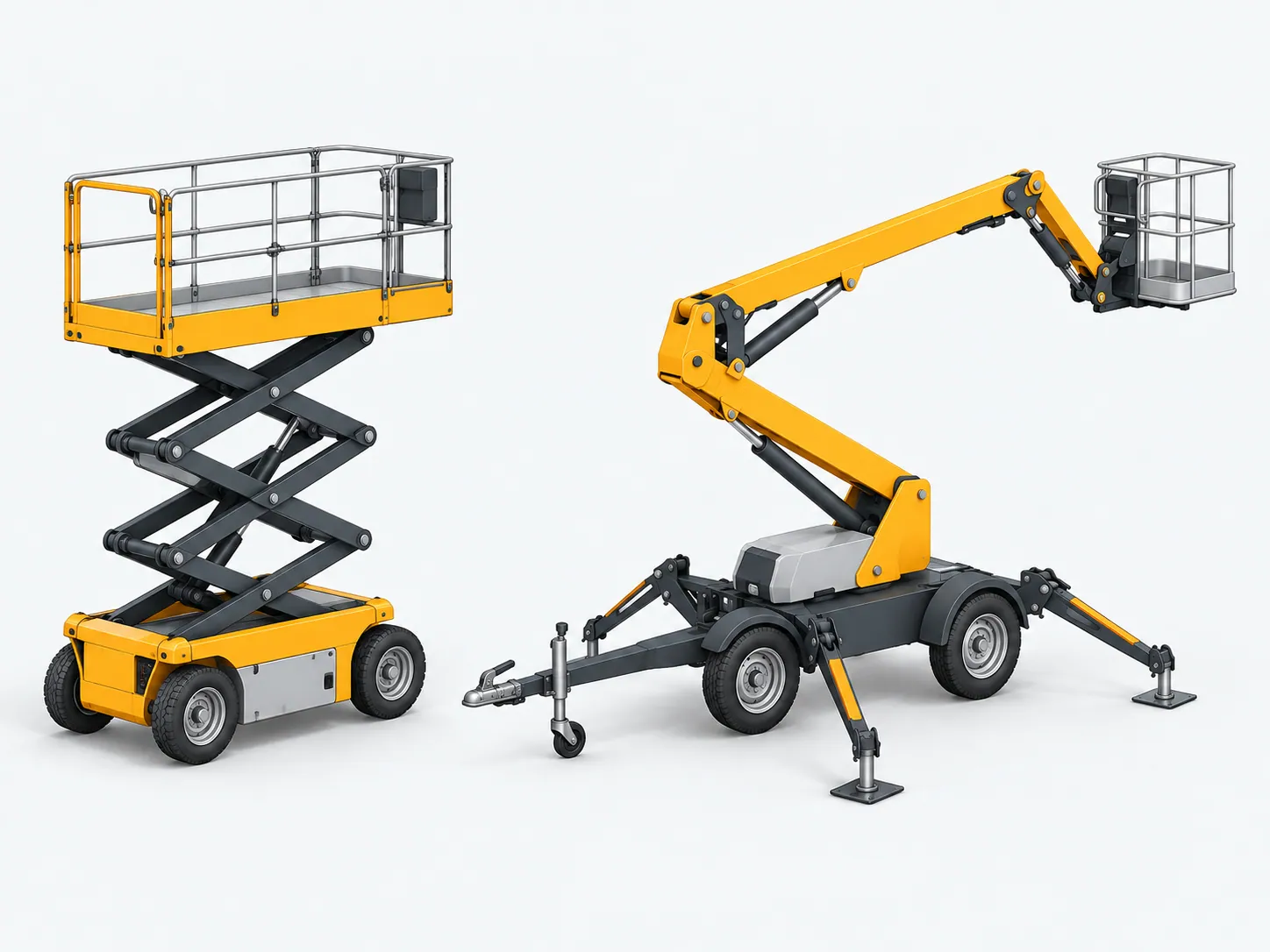 Engineering illustration of scissor and towable boom platform types