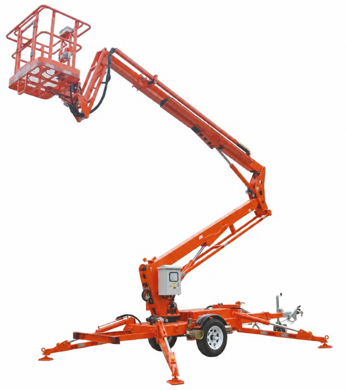 Towable articulated boom platform with stabilizing outriggers
