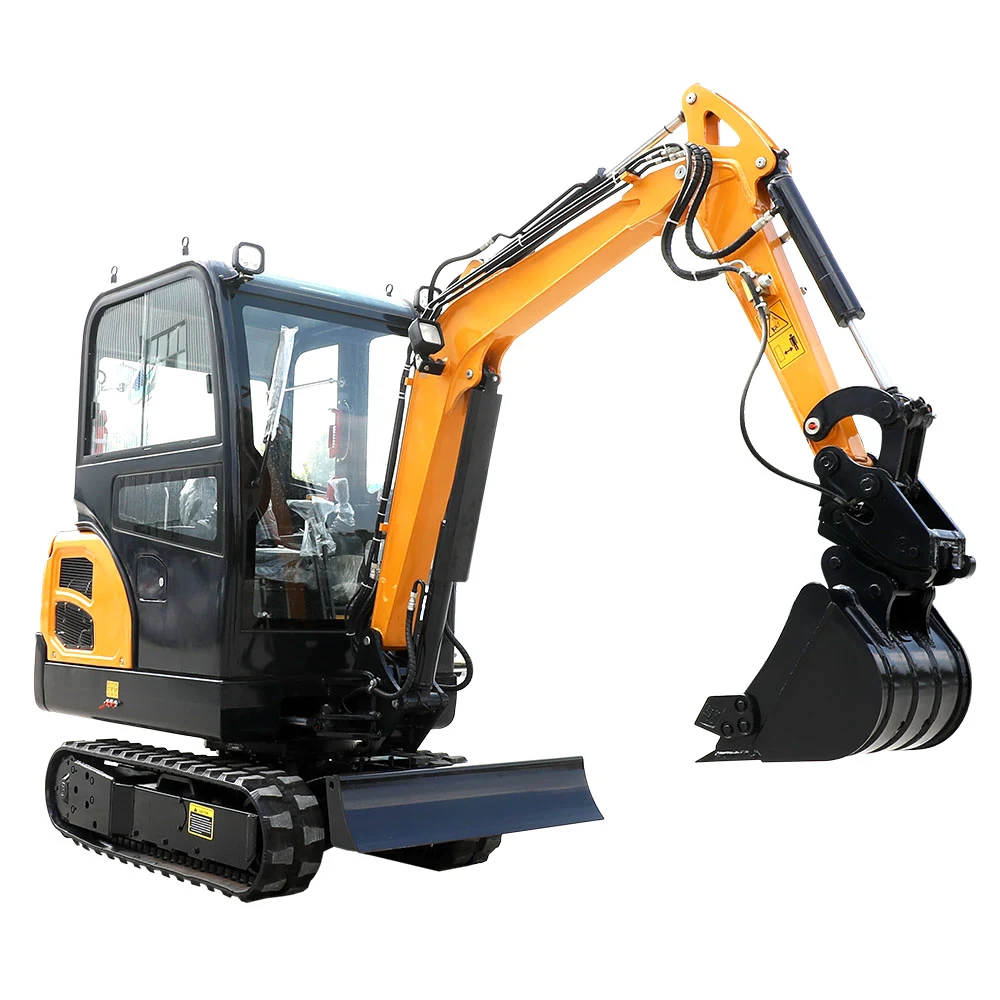 Yellow 2-ton mini excavator with enclosed cab, crawler tracks and digging bucket